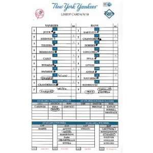  Yankees at Rays 4 09 2010 Game Used Lineup Card (MLB Auth 