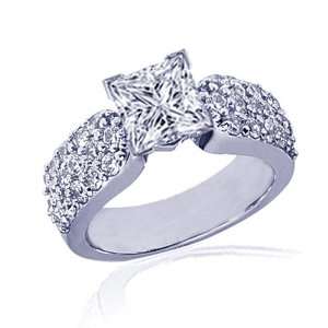 90 Ct Princess Cut 3 Row Diamond Engagement Ring Pave 14K GOLD VS1 H 