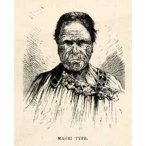  1879 Wood Engraving Maori Portrait Art Tribe New Zealand 