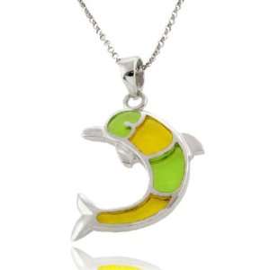  Sterling Silver Green and Yellow Dolphin Pendant Jewelry