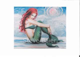 GREETING CARD 5x7 handmade green mermaid pinup red hair  