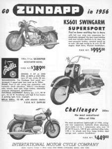 1956 Zundapp Challenger & KS 601 Motorcycle Ad & Bella  