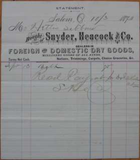 1873 Letterhead Snyder Heacock Dry Goods Salem, Ohio OH  