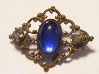 Antique Brass C Clasp Pin w/ Blue Cabachon & Rhinestones  