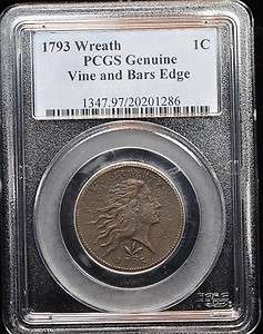 1793 WREATH LARGE CENT VINE & BARS EDGE RARE PCGS GENUINE AU DETAILS 