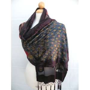  Soft High Quality Silk Velvet Long Scarf Centered by Two Beautiful 