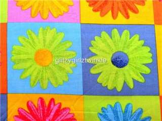   Daisy Fabric BTY Floral Flowers Blue Green Orange Yellow Bright  