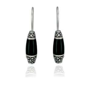  Sterling Silver Marcasite and Onyx Tube Earrings Jewelry