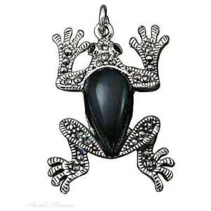  Sterling Silver Marcasite Black Onyx Frog Pendant Jewelry