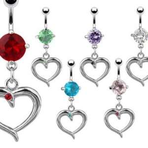  Jeweled belly ring with dangling heart, green Jewelry