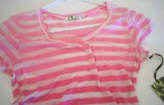 NEW NWT Avani Earth L Pink Stripe THIN V neck T shirt  