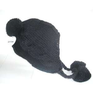 Womens Black Cable Knit Winter Ski Beanie Ear Flap Hat Pom Pom Fleece 