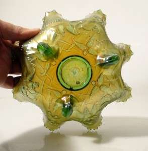 SUPERB CARNIVAL GLASS GREEN GOLD IRRIDESCENT BOWL FOLDED PIE CRUST 