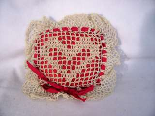 Pin Cushion is 4 square. Crochet cream is 7