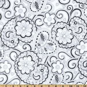 44 Wide Hip Happy Laminated Cotton Paisley Floral Black/White Fabric 