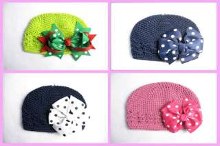   of 5 Crochet Kufi Hat Cap Beanie Baby Toddler Girl with 5 hair bows