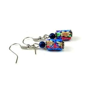 Red, White, and Blue Floral Fimo Clay with Lapis Accent Fashion Dangle 