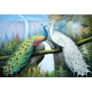  White and Blue Peacocks on Old Tree Oil Painting 24 x 36 