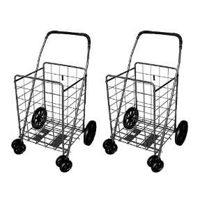    2 Jumbo Folding Shopping Black Swivel Carts