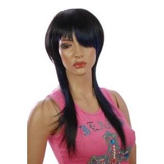 Black Long Wig  Twin Shade Unique Hairstyle Wig  Highlighted Blue 