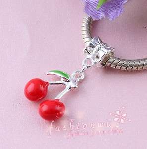 50X Silver Plated Enamel Fresh Cherry Charm Beads  