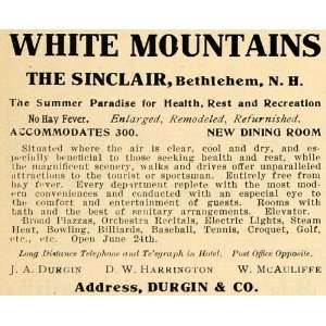 1907 Ad Sinclair Hotel Bethlehem NH White Mountains   Original Print 