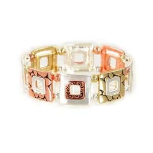  Polished Tri Tone Squares Stretch Bracelet Fashion Jewelry 