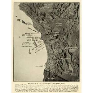  1915 Print California Cities West Coast Raised Relief Map 