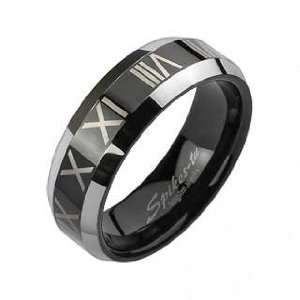   Plated Tungsten Ring with Roman Numerals and Beveled Edges Jewelry