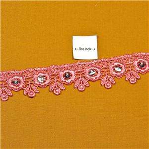 Fabric Trim Pink Coral Flowers, Sequin & Bead Center 1.25 W, Per 1/2 