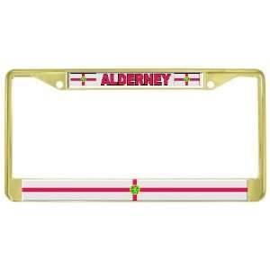  Alderney Guersney Flag Gold Tone Metal License Plate Frame 