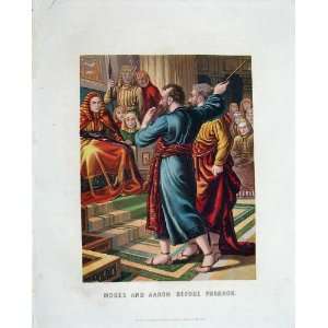  1909 Colour Print Moses Aaron Pharaoh Bible Men Brown 