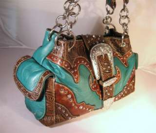   Blue Western Cowgirl Rhinestone Buckle Tooled Handbag Purse and Wallet
