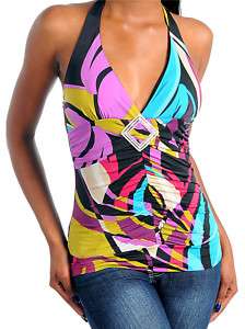 COLORFUL GEOMETRIC ABSTRACT STRETCH CLUB HALTER TOP M  