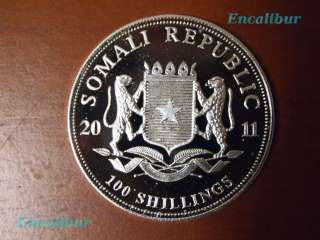 2011 Somali Republic 100 shilling 1oz Silver African Wildlife Elephant 