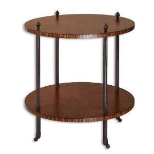   Zebra Wood Accent Table with Metal Columns and Castors