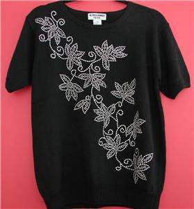 Alfred Dunner Petite Black Floral Embroidered Sweater Top Womens PS 