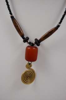 Maasai Market African Handmade Jewelry bone Brass Amber Pendant 