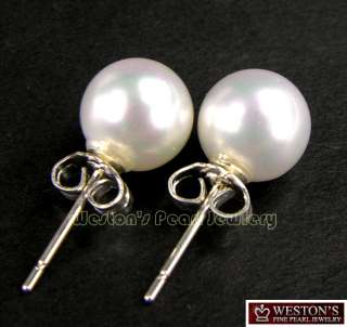 8MM WHITE ROUND SHAPE SEA SHELL PEARL STUD STICK EARRING 925 STERLING 