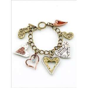 Antique Gold Plated Vintage Style Charm Bracelet with 7 Heart Charms 