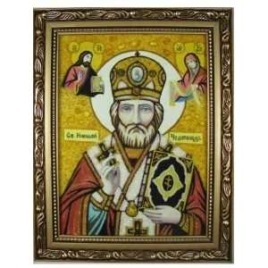  St NICHOLAS Orthodox Icon Made Of Genuine AMBER (8x6inch 