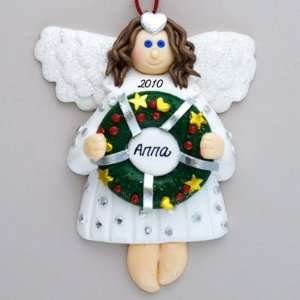  Personalized Angel with Brunette Hair holding wreath Christmas 