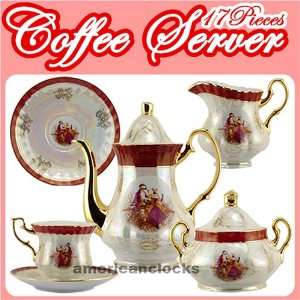 Porcelain China Tea Set Victorian Coffee/Tea Server in Crimson Accent 