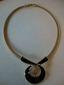 Vintage Trifari enamel crystal rhinestone necklace pendant choker gold 