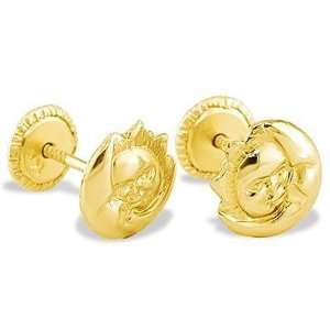  SOLID 14k Yellow Gold Smiling Sun and Moon Stud Earrings 