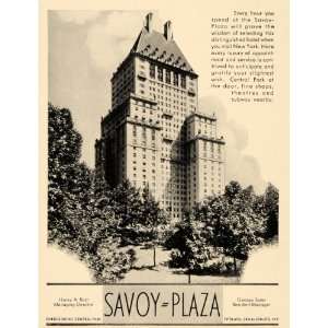 1937 Ad Savoy Plaza Apartments Hotel Central Park NY   Original Print 