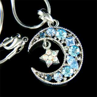 Bridal BLUE Crystal CRESCENT MOON STAR Pendant Necklace  