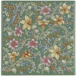   Trellis Decorative Field Tile, Green Dense Floral Pattern, White Home