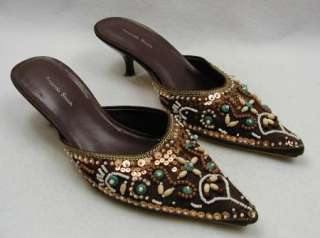 Amanda Smith Beaded Mules Shoes 7 M Slides Kitten Heel Beads Sequins 