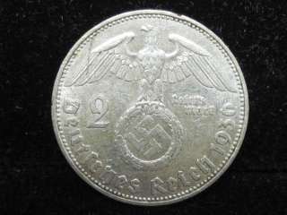 1936 D Nazi German Silver 2 Reichsmark   AU    